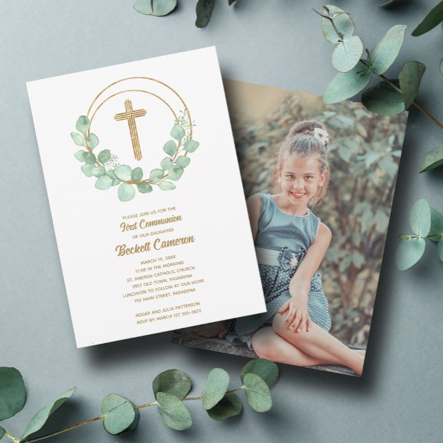Modern Eucalyptus Cross Girl First Communion Invitation (Eucalyptus wreath around a gold cross girl first communion invitations with a photo on back)