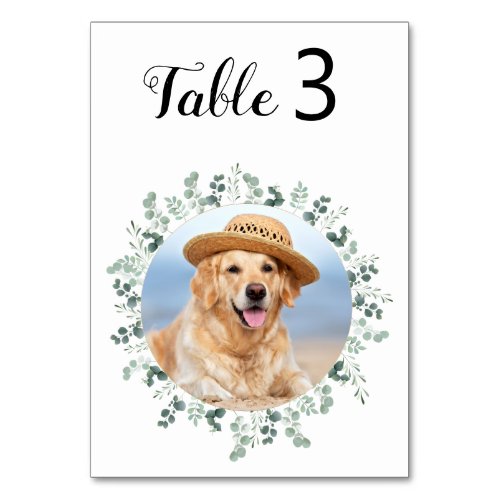 Modern Eucalyptus Custom Dog Photo Pet Wedding Tab Table Number