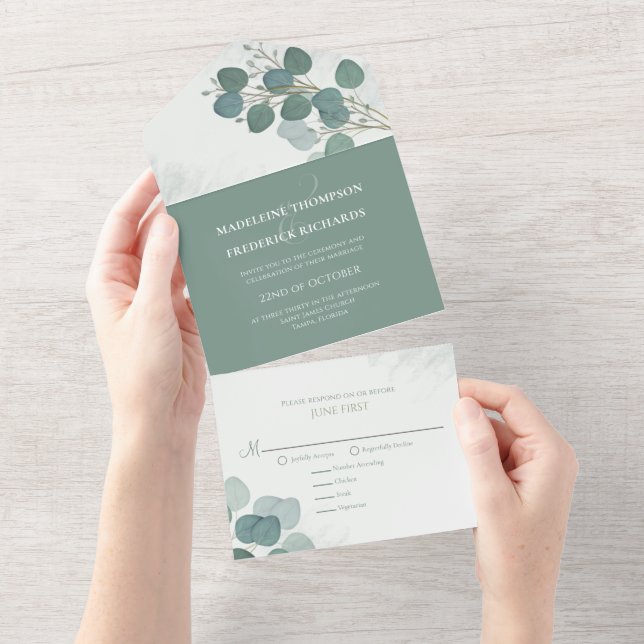 Modern Eucalyptus Elegant Rustic Botanical Leaves All In One Invitation (Tearaway)