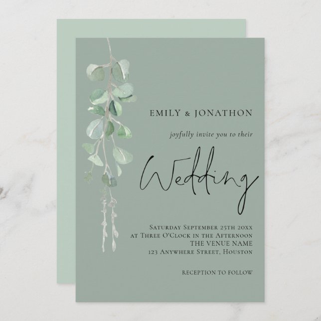 Modern Eucalyptus Elegant Script Dark Sage Wedding Invitation (Front/Back)