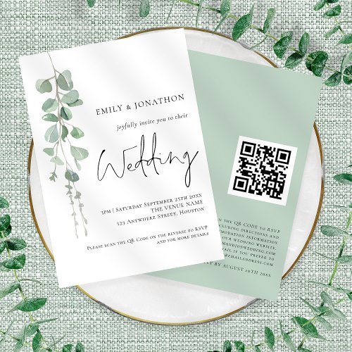 Modern Eucalyptus Elegant Script QR Code Wedding Invitation