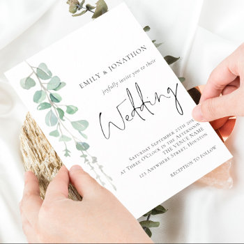 Modern Eucalyptus Elegant Script Sage Wedding Invitation by Fotografixgal at Zazzle