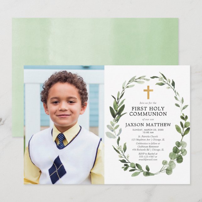 Modern Eucalyptus first communion photo Invitation (Front/Back)