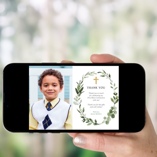 Modern Eucalyptus first communion thank you card (Front Digital)