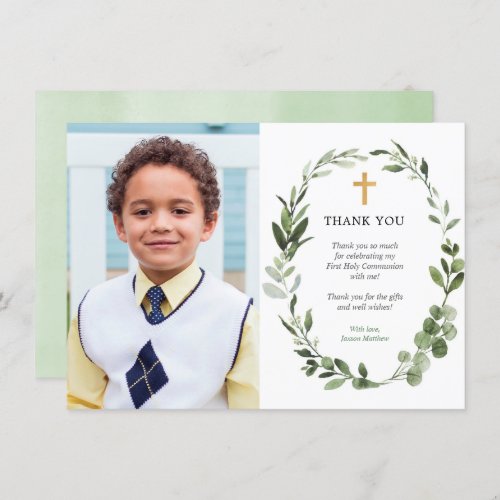 Modern Eucalyptus first communion thank you card