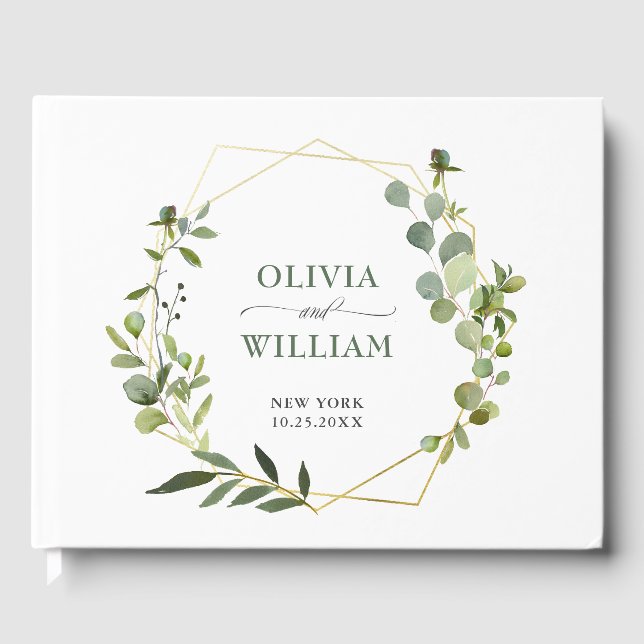 Modern Eucalyptus Floral Geometric Frame Wedding Guest Book (Front)