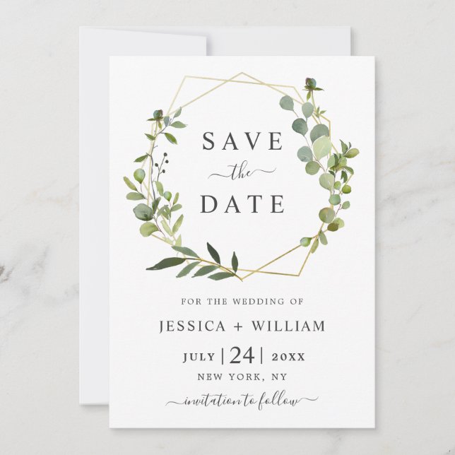 Modern Eucalyptus Floral Geometric Frame Wedding Save The Date (Front)