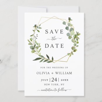 Modern Eucalyptus Floral Geometric Frame Wedding Save The Date
