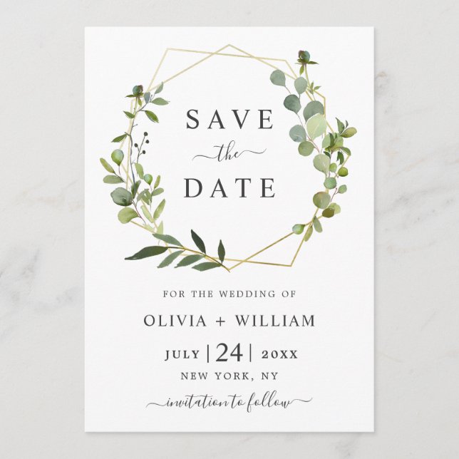 Modern Eucalyptus Floral Geometric Frame Wedding Save The Date (Front)