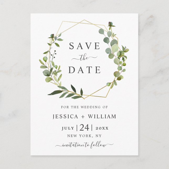 Modern Eucalyptus Floral Wedding Save the Date Postcard (Front)