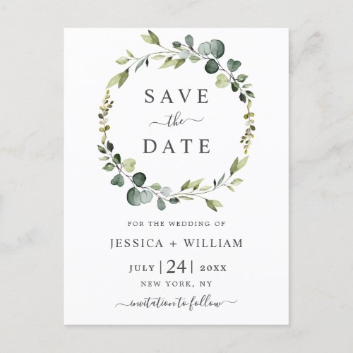 Modern Eucalyptus Floral Wedding Save the Date Postcard