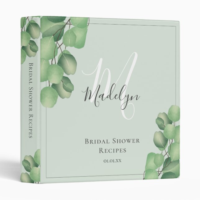 Modern Eucalyptus Foliage Bridal Shower Recipe 3 R 3 Ring Binder (Front/Spine)