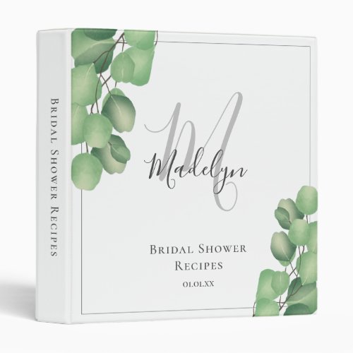 Modern Eucalyptus Foliage Bridal Shower Recipe 3 Ring Binder