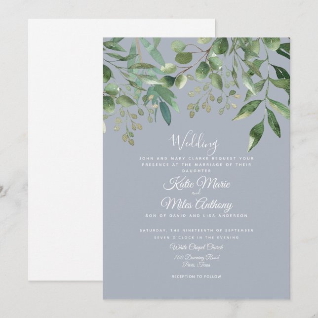 Modern Eucalyptus Foliage Dusty Blue Wedding Invit Invitation (Front/Back)