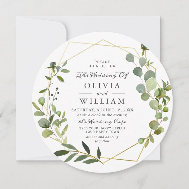 Modern Eucalyptus Foliage Geometric Frame Wedding Invitation (Front)