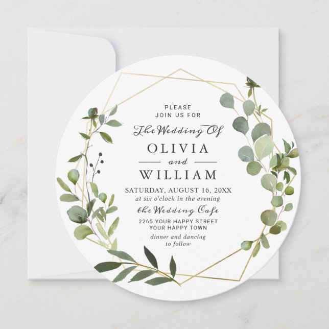 Modern Eucalyptus Foliage Geometric Frame Wedding Invitation (Front)