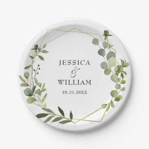 Modern Eucalyptus Foliage Geometric Frame Wedding Paper Plates