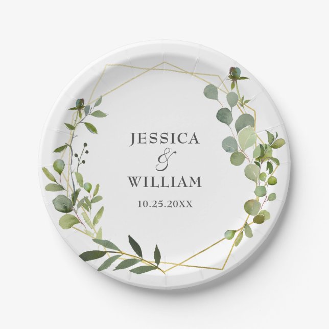 Modern Eucalyptus Foliage Geometric Frame Wedding  Paper Plates (Front)