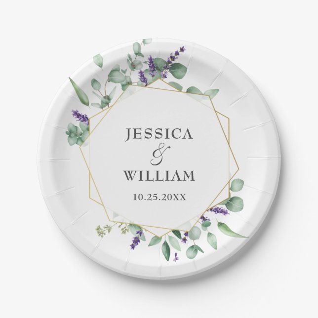 Modern Eucalyptus Foliage Geometric Frame Wedding Paper Plates (Front)