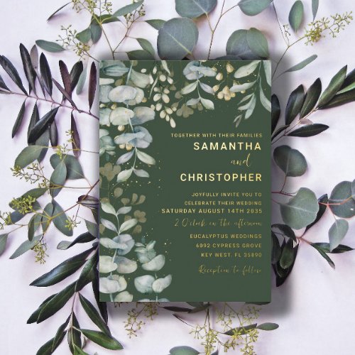 Modern Eucalyptus Foliage Gold  Green Wedding Foil Invitation