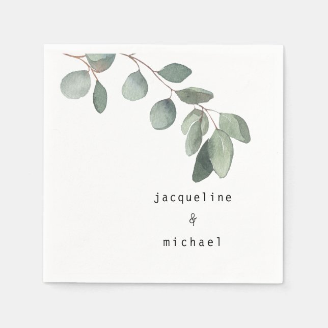 Modern Eucalyptus Foliage Wedding Cocktail Napkins (Front)