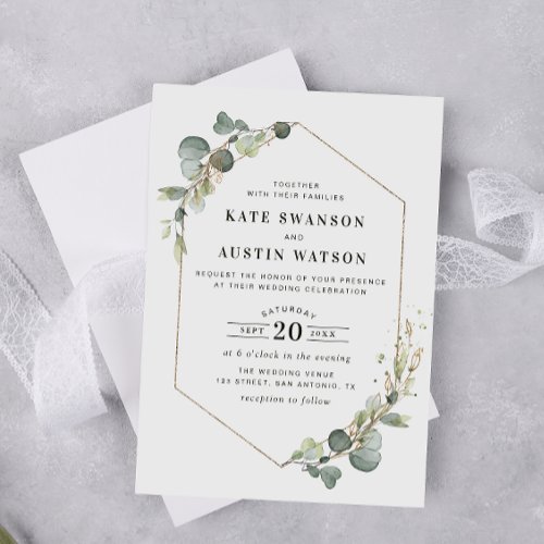 modern eucalyptus frame wedding invitation