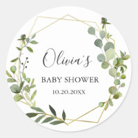 Modern Eucalyptus Geometric Frame Baby Shower Classic Round Sticker