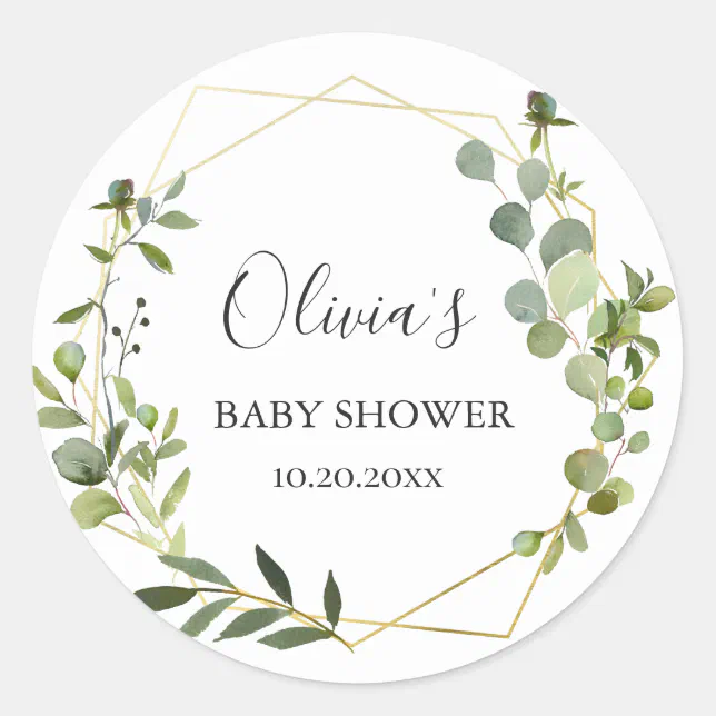 Modern Eucalyptus Geometric Frame Baby Shower Classic Round Sticker ...