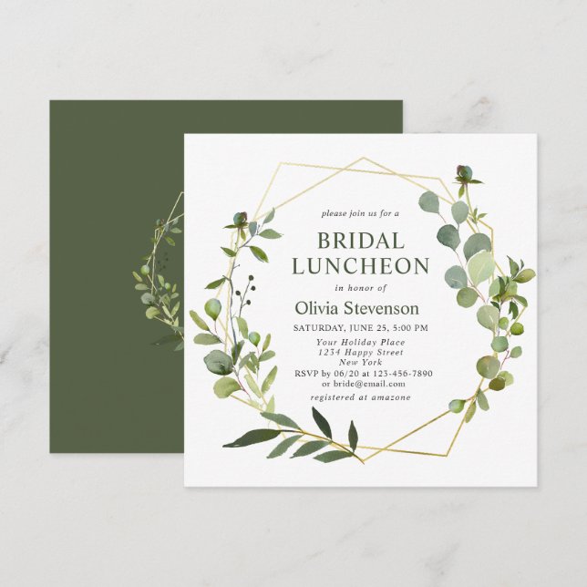 Modern Eucalyptus Geometric Frame BRIDAL LUNCHEON Invitation (Front/Back)