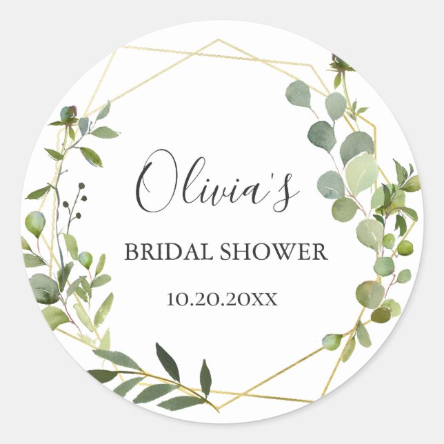 Modern Eucalyptus Geometric Frame Bridal Shower Classic Round Sticker (Front)
