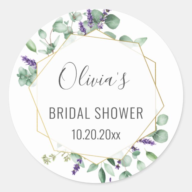 Modern Eucalyptus Geometric Frame Bridal Shower Classic Round Sticker (Front)