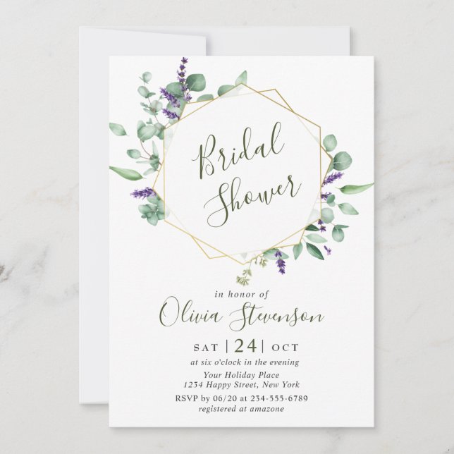 Modern Eucalyptus Geometric Frame Bridal Shower Invitation (Front)