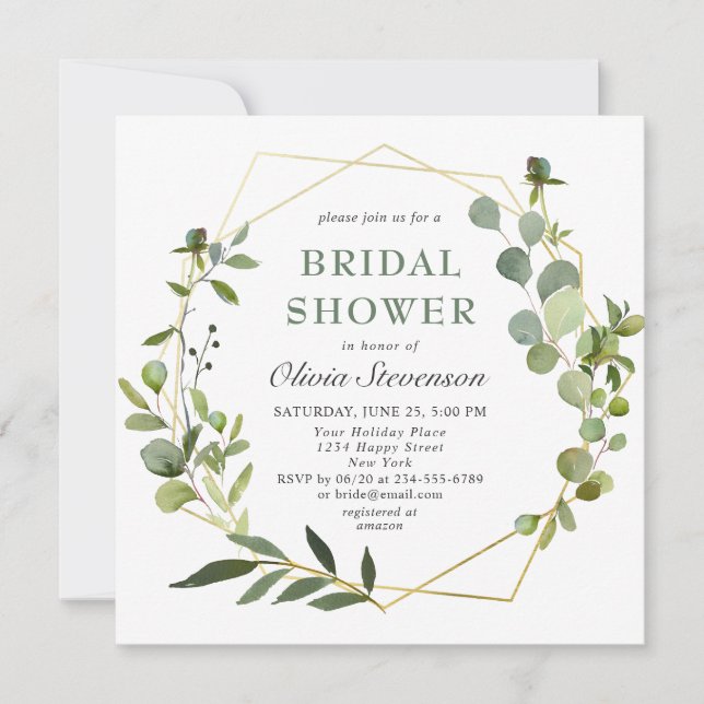 Modern Eucalyptus Geometric Frame Bridal Shower Invitation (Front)