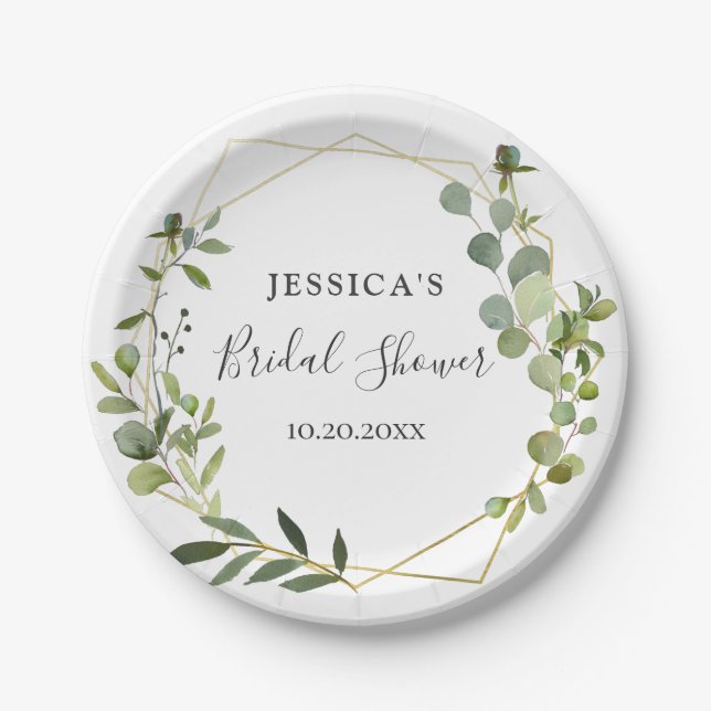 Modern Eucalyptus Geometric Frame Bridal Shower Paper Plates (Front)