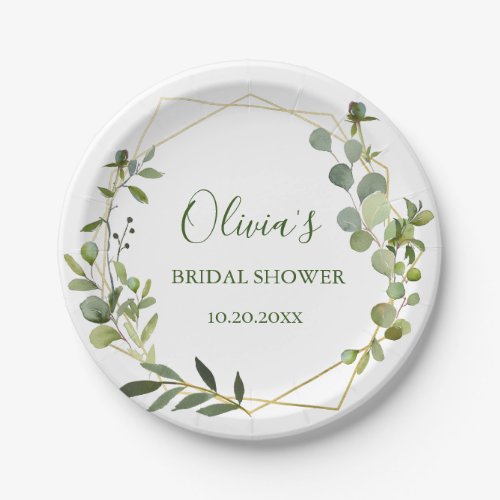 Modern Eucalyptus Geometric Frame Bridal Shower Paper Plates