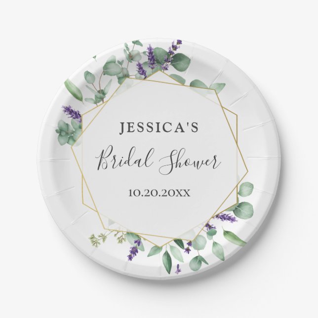Modern Eucalyptus Geometric Frame Bridal Shower Paper Plates (Front)