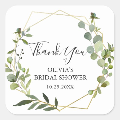 Modern Eucalyptus Geometric Frame Bridal Shower Square Sticker