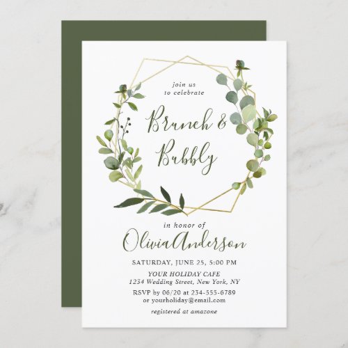 Modern Eucalyptus Geometric Frame Brunch  Bubbly Invitation