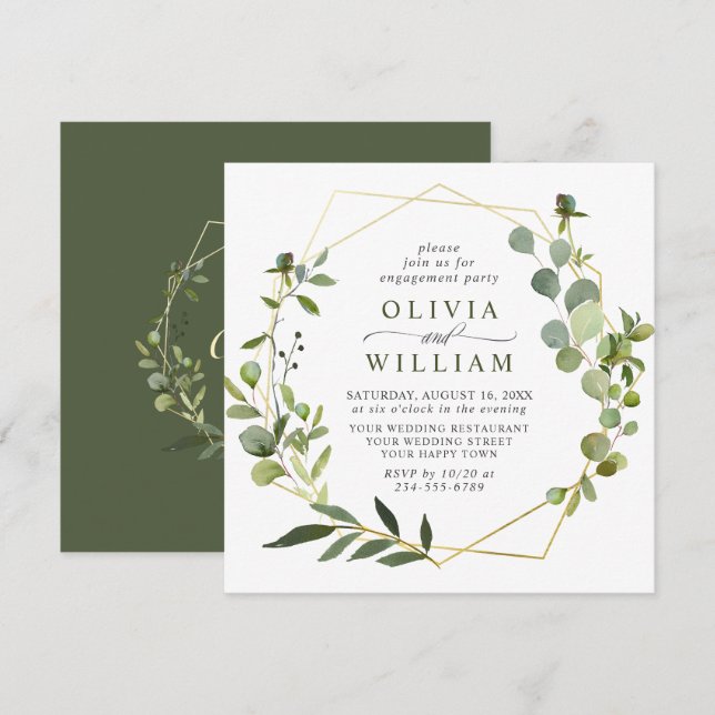 Modern Eucalyptus Geometric Frame ENGAGEMENT PARTY Invitation (Front/Back)