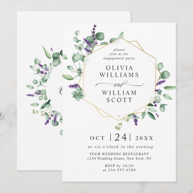 Modern Eucalyptus Geometric Frame ENGAGEMENT PARTY Invitation (Front/Back)