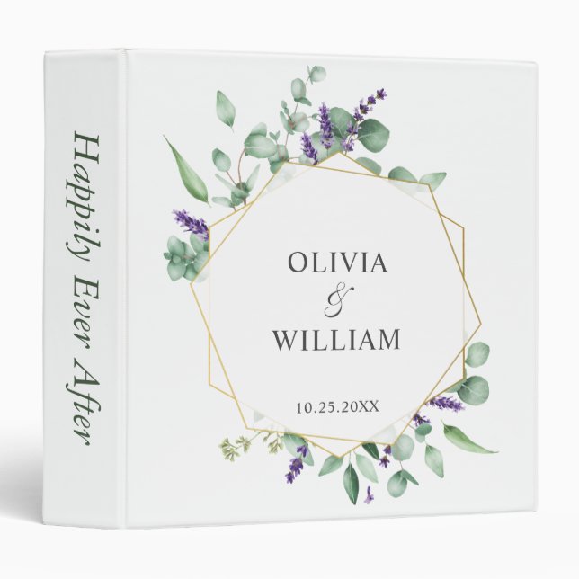 Modern Eucalyptus Geometric Frame Floral Wedding 3 Ring Binder (Front/Spine)