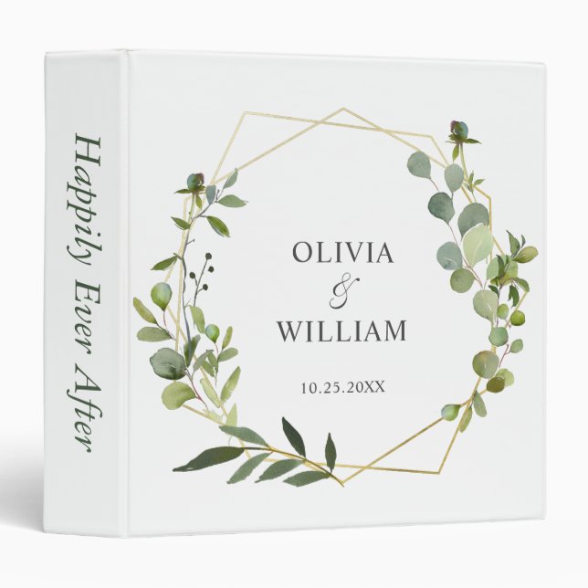 Modern Eucalyptus Geometric Frame Floral Wedding 3 Ring Binder (Front/Spine)