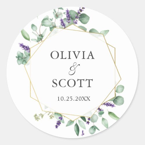 Modern Eucalyptus Geometric Frame Floral Wedding Classic Round Sticker