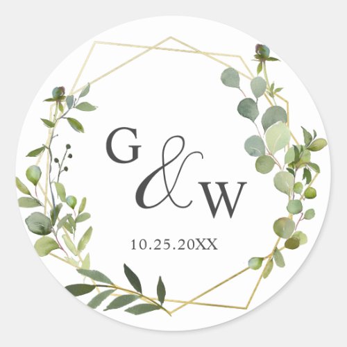 Modern Eucalyptus Geometric Frame Floral Wedding Classic Round Sticker