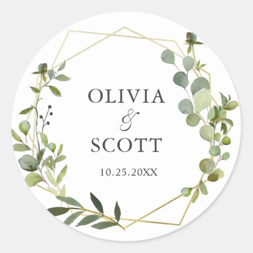 Modern Eucalyptus Geometric Frame Floral Wedding Classic Round Sticker