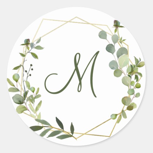 Modern Eucalyptus Geometric Frame MONOGRAM Classic Round Sticker