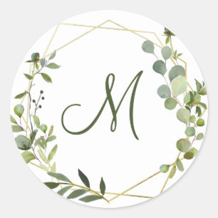 Modern Eucalyptus Geometric Frame MONOGRAM Classic Round Sticker