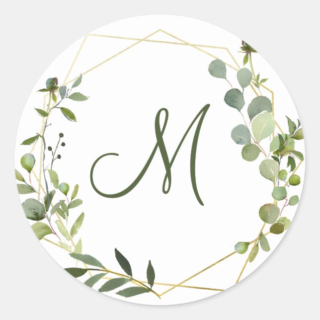 Modern Eucalyptus Geometric Frame MONOGRAM Classic Round Sticker (Front)
