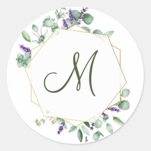 Modern Eucalyptus Geometric Frame MONOGRAM Classic Round Sticker