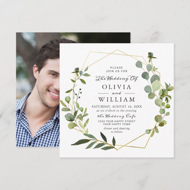 Modern Eucalyptus Geometric Frame PHOTO Wedding Invitation (Front/Back)